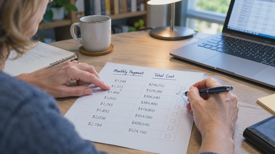 Hands comparing monthly payment and total cost columns on a worksheet before signing a roof contract