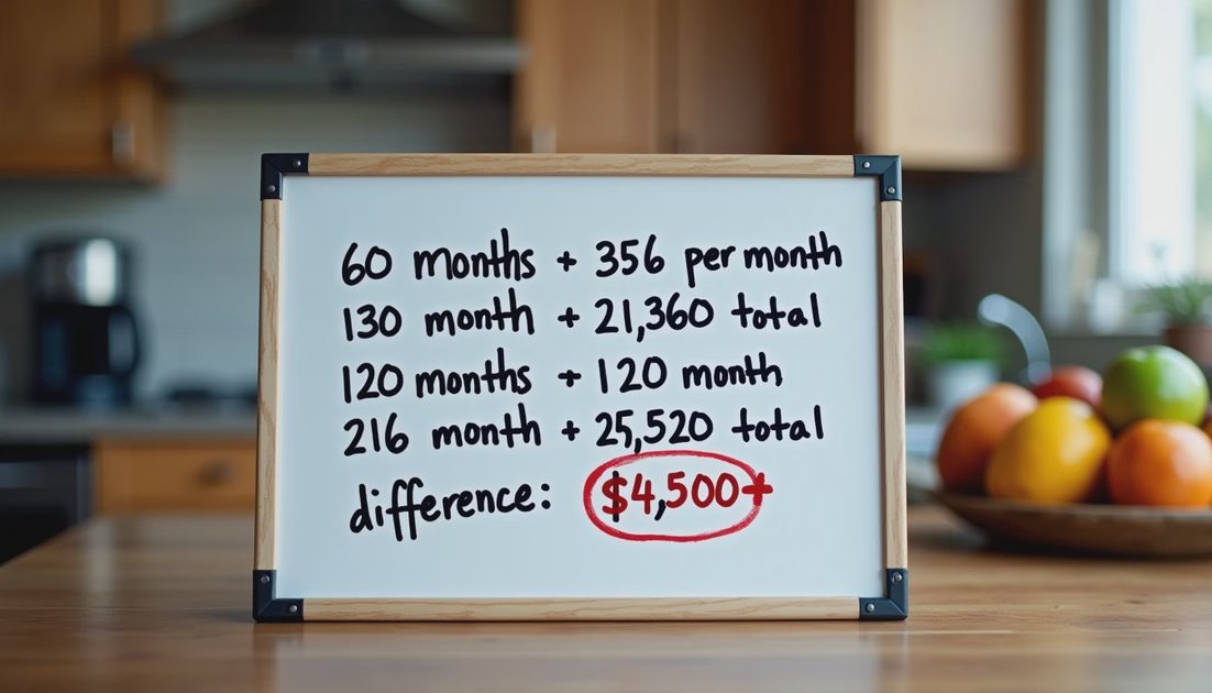 Whiteboard comparing 60-month and 120-month roof loan payments and total costs