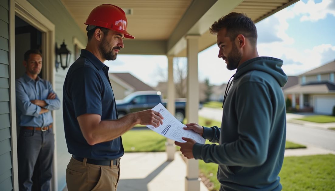 contractor presenting a financing quote on a front porch while a homeowner reviews the terms