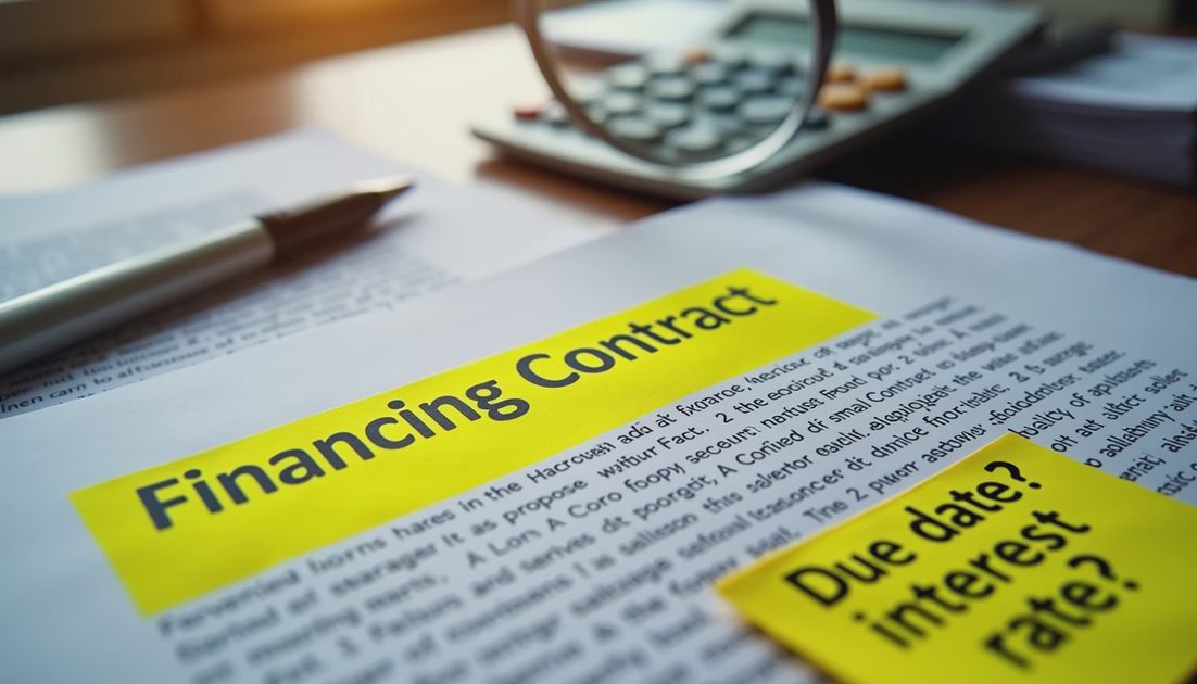 Highlighted deferred interest contract clause with deadline notes on a desk