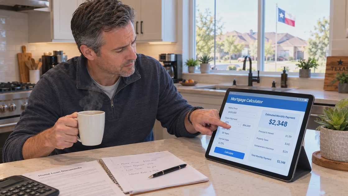 man checking a monthly payment on a roof loan calculator at his kitchen counter