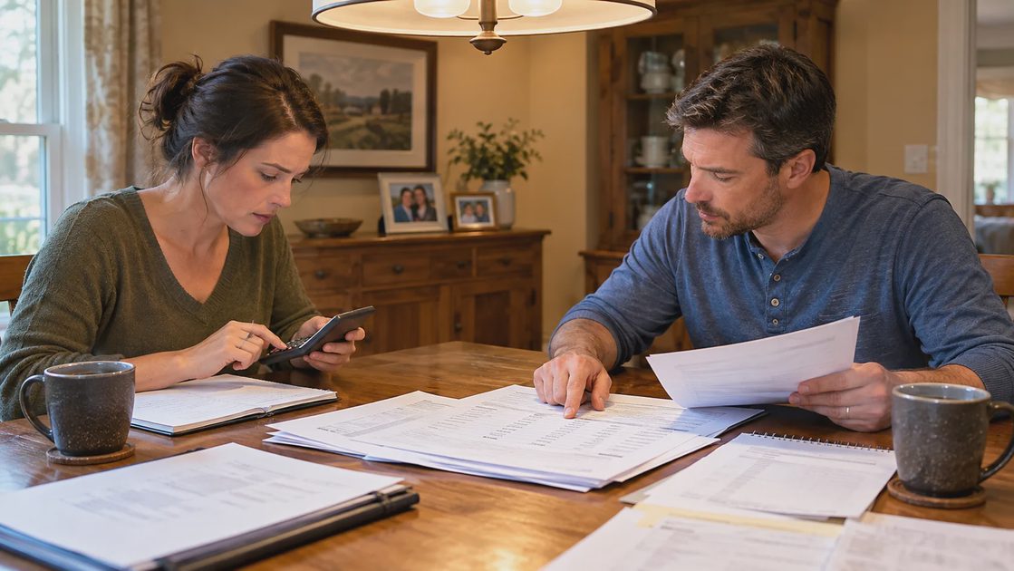 Couple reviewing deferred interest terms and payments together at the dining table