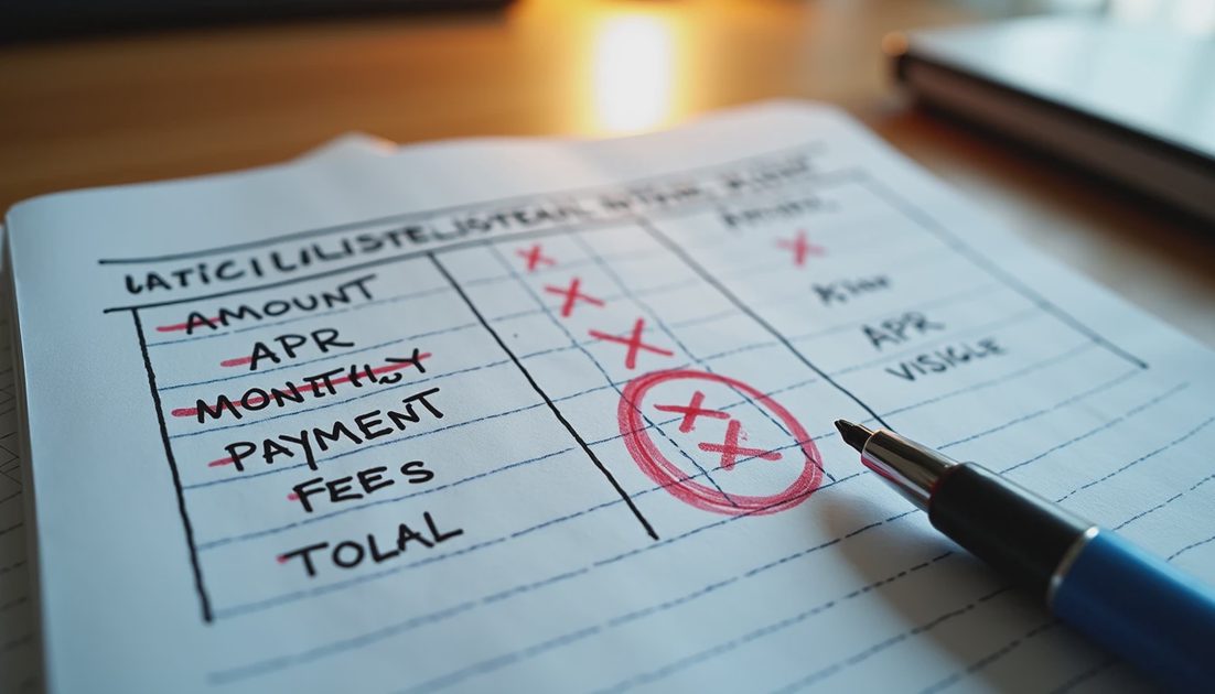 Handwritten six-field comparison notes for two roof financing offers