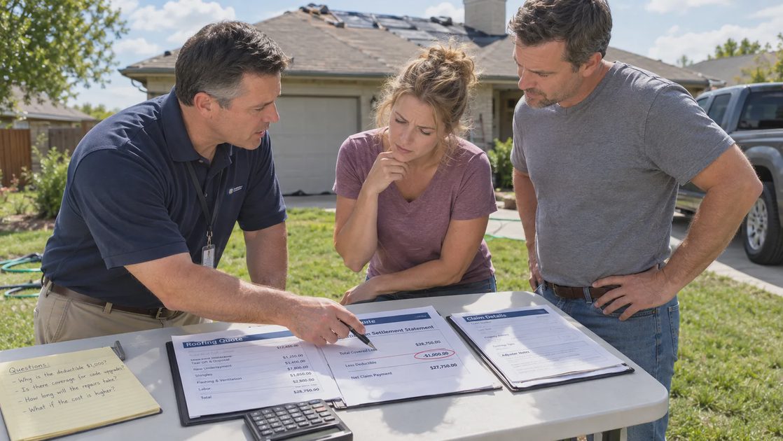 insurance adjuster explaining how the deductible is subtracted from a storm roof claim payment