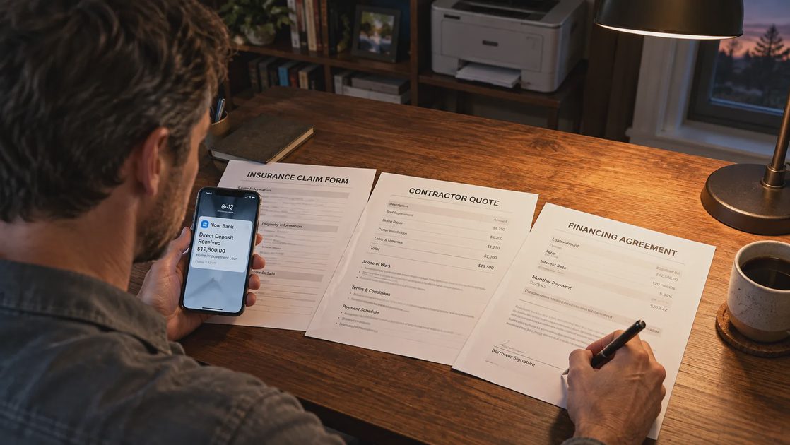 Homeowner comparing insurance claim documents and a financing contract before signing