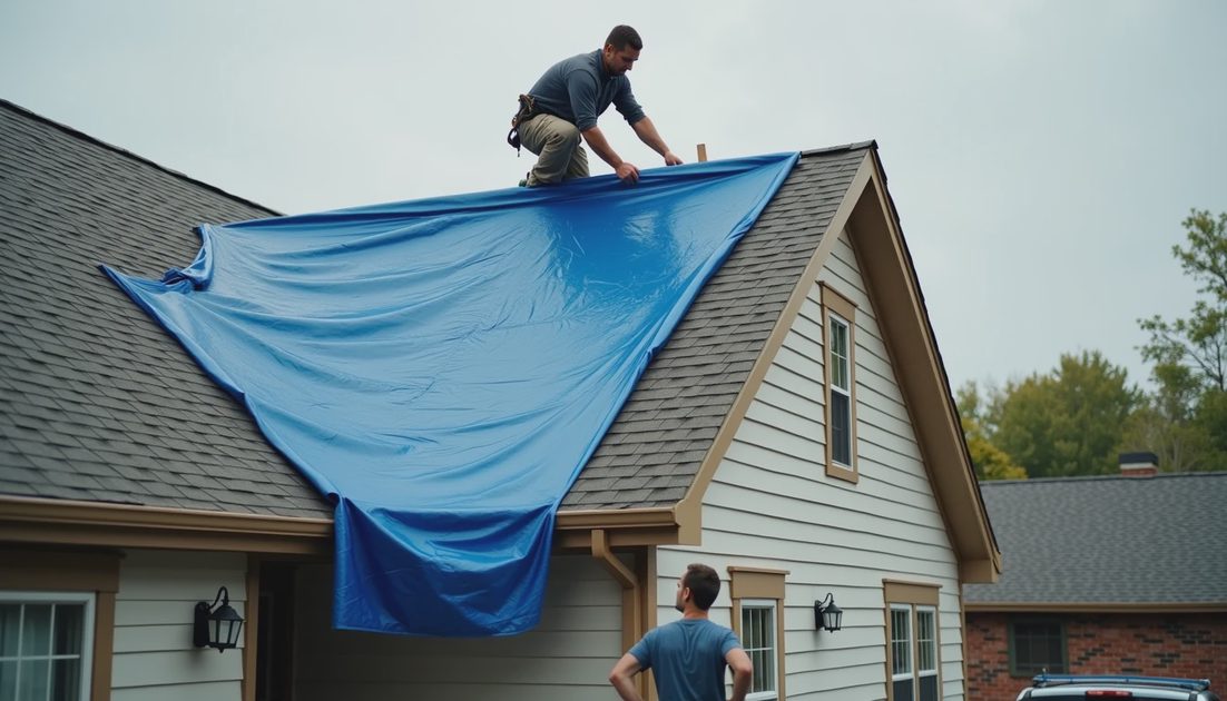 Roofer installing an emergency tarp while the homeowner watches below