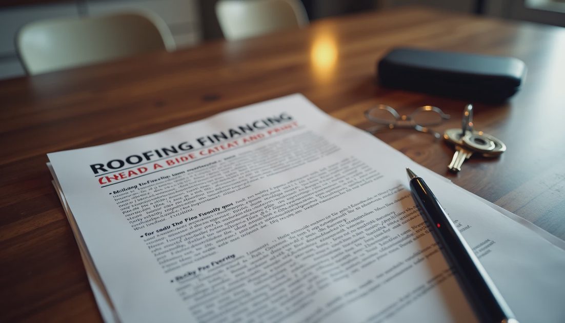 Roof financing flyer with a low monthly payment in large print and contract terms in small print on a kitchen table