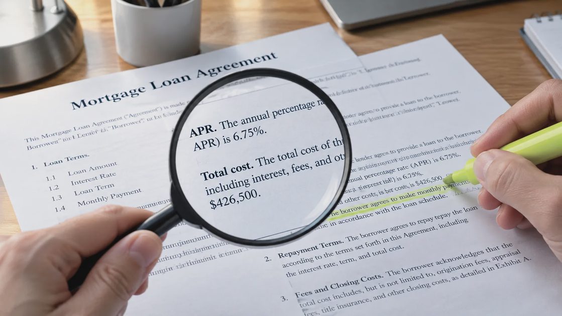 Magnifying glass over the APR and total cost lines of a roof financing contract