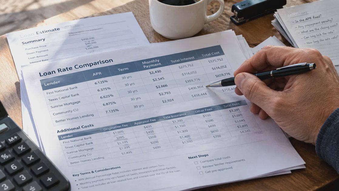 Close-up of a pen pointing at APR and payment rows on a roof loan document