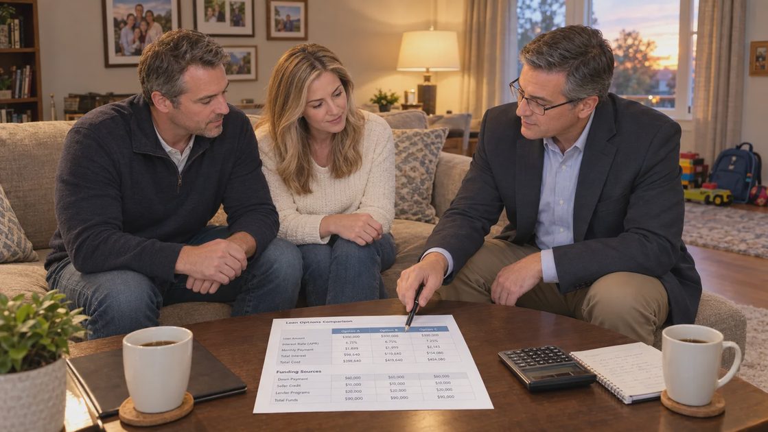 advisor explaining personal loan versus contractor financing terms to homeowners