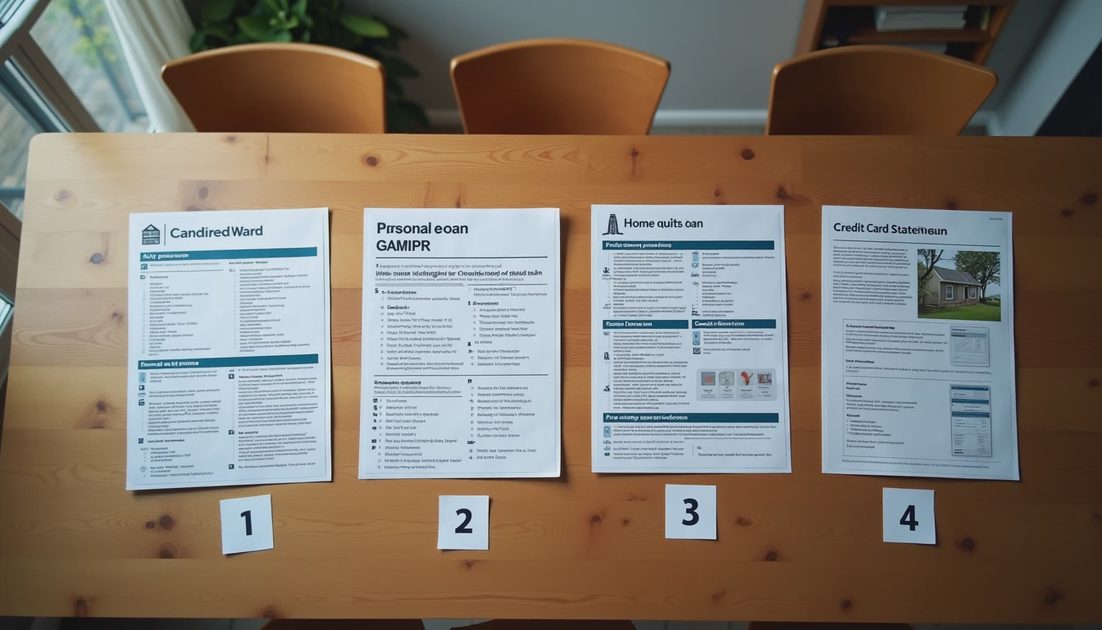 Four roof financing documents laid out on a kitchen table for comparison