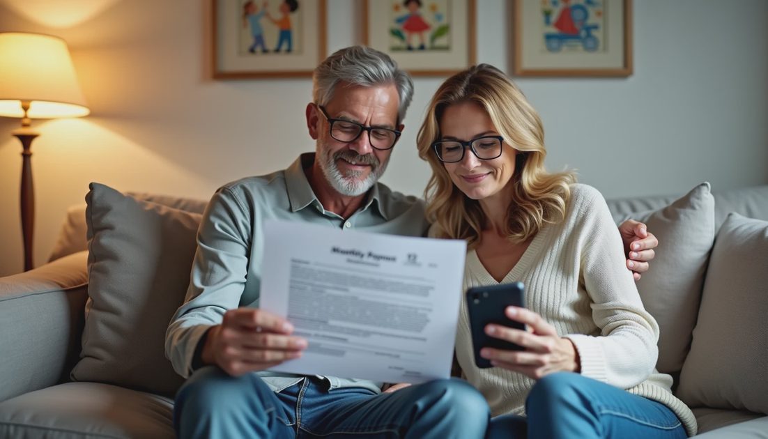 couple checking the total of payments on a roof financing contract before signing