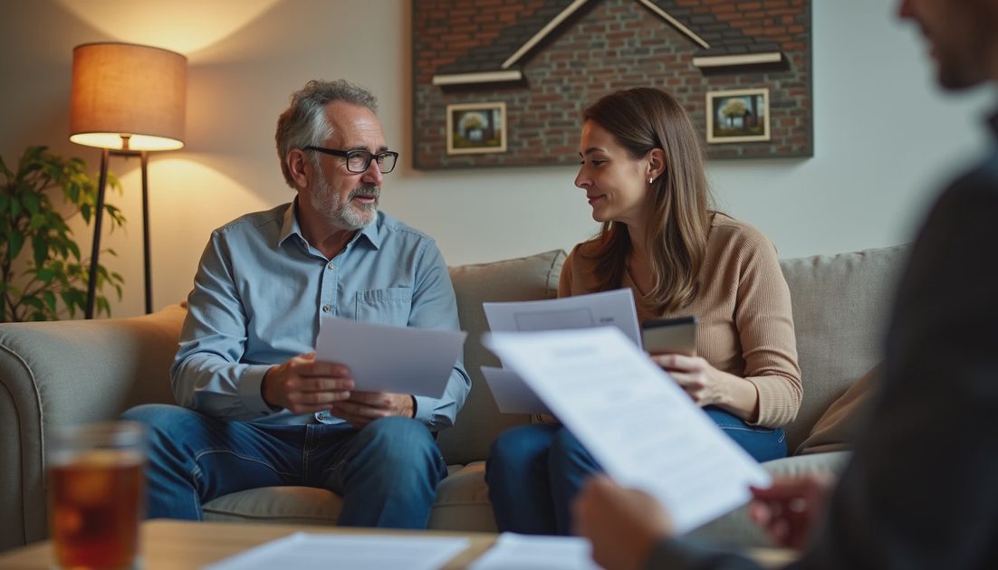 Couple comparing two roof financing offers with a lender at home