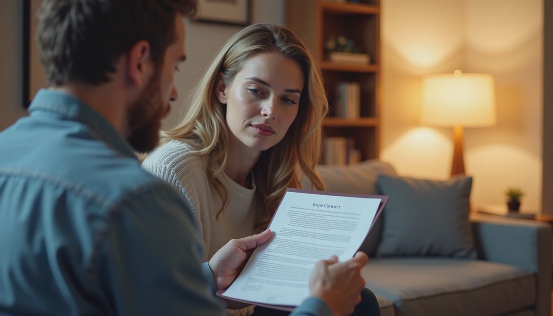 Couple reading the APR line of a roof loan contract before signing at home