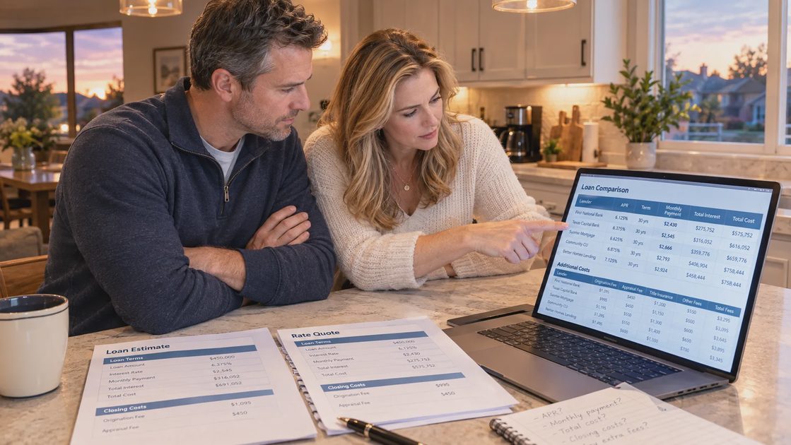 Couple checking roof financing payment and total cost columns on a laptop