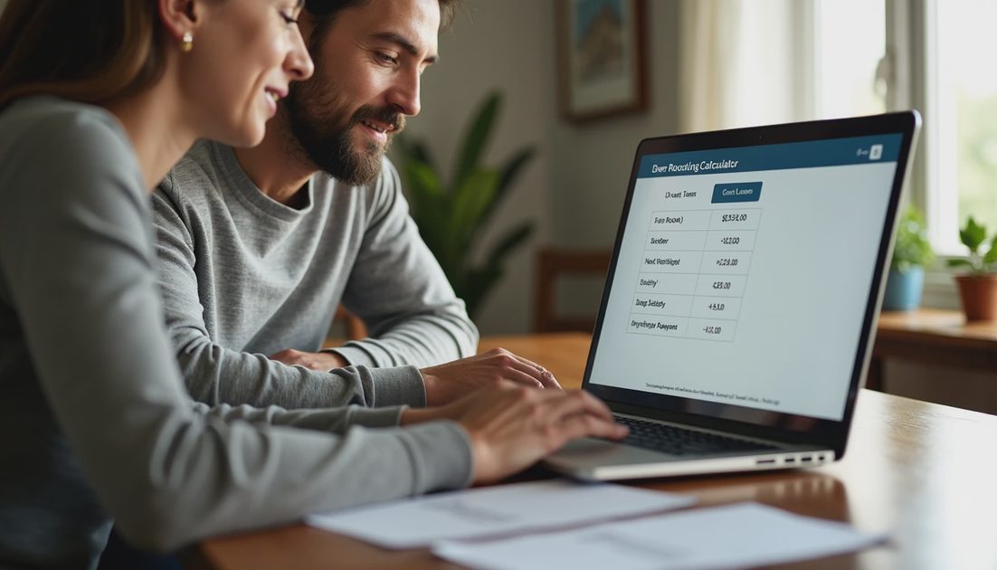 Couple using a roof loan calculator to double-check two financing offers at home