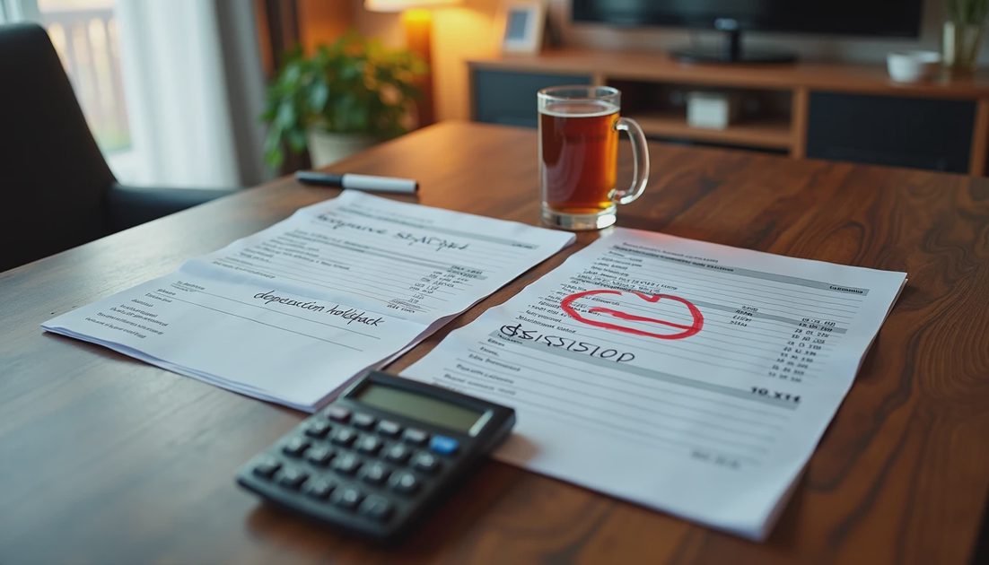 Insurance settlement statement beside a roof quote with the shortfall circled and depreciation holdback noted
