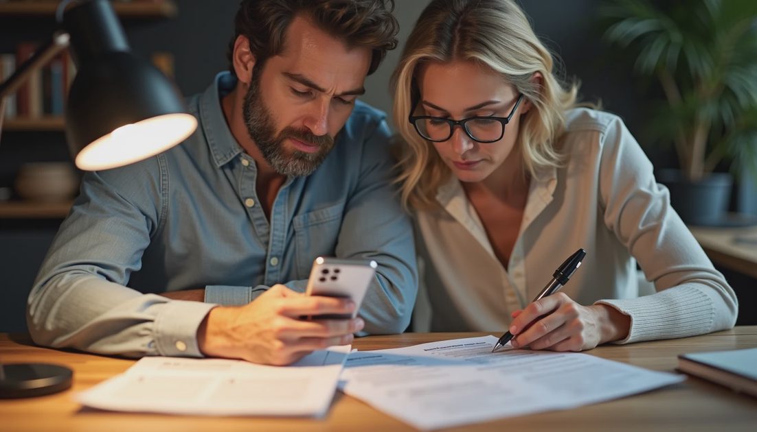 Couple photographing every page of the roof financing contract before signing it