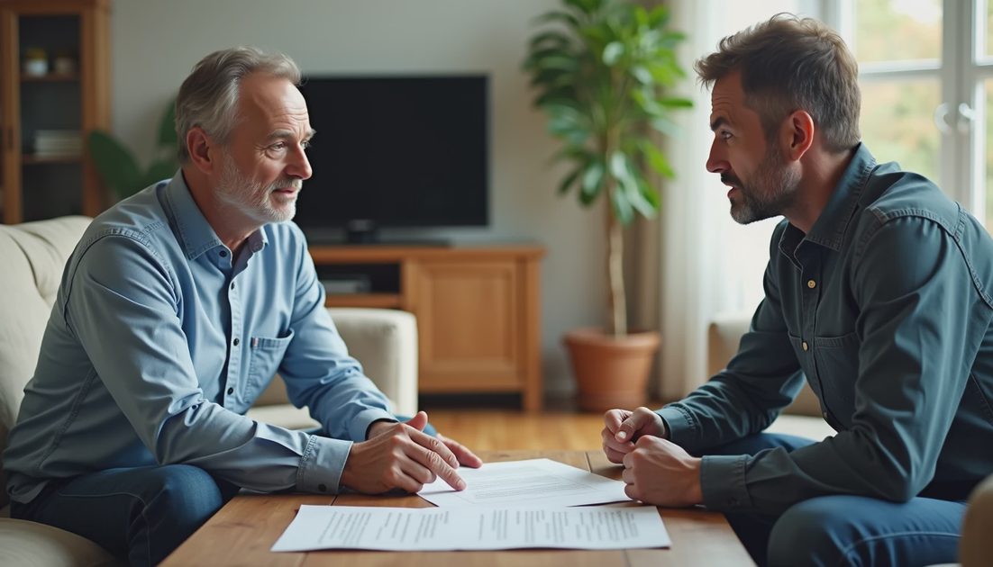 Homeowner pointing at a clause in the roof financing contract and asking the contractor a question