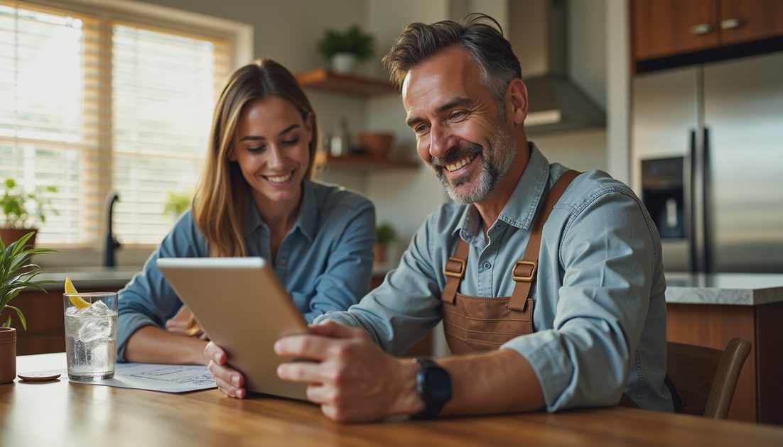 Contractor showing a homeowner a roof financing prequalification offer on a tablet at the kitchen table