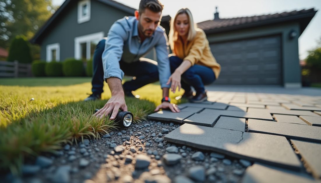 Couple inspecting hail-damaged shingles and granules on the ground before filing their claim