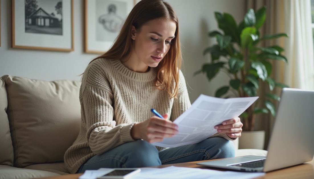 Homeowner reading roof financing application documents on the couch before signing