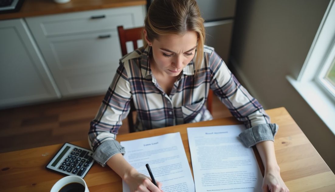 Homeowner reading the fine print of a roof replacement financing offer before signing