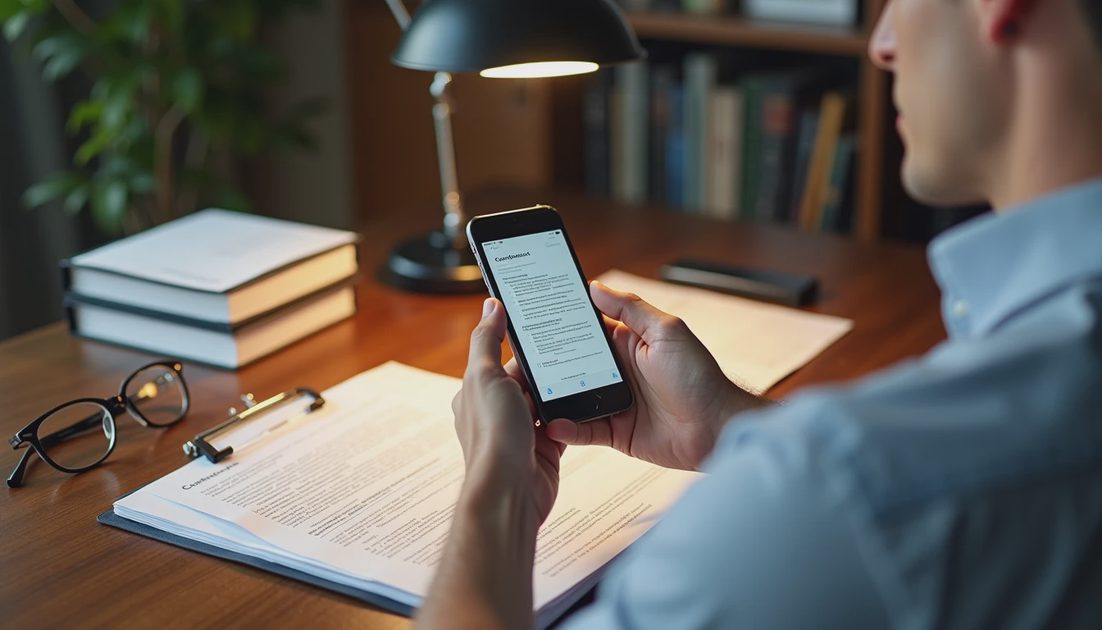 Homeowner photographing each page of the roof loan contract to keep his own copies before signing